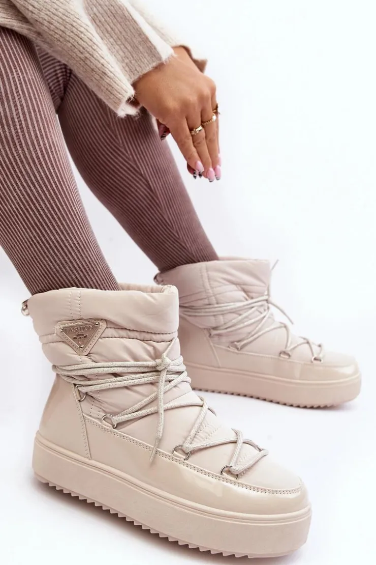 Boto Śniegowce Damskie*Damskie Śniegowce Na Platformie Z Wiązaniem Beżowe Fleure Beżowy