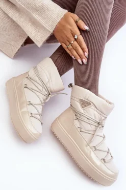 Boto Śniegowce Damskie*Damskie Śniegowce Na Platformie Z Wiązaniem Beżowe Fleure Beżowy