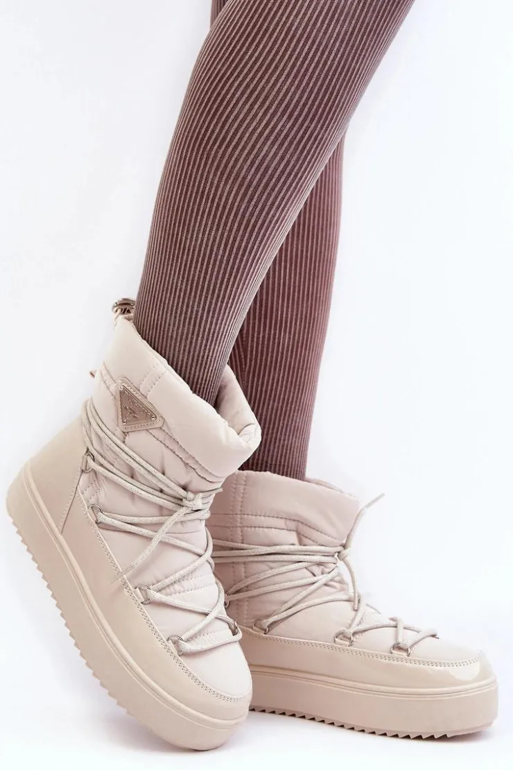 Boto Śniegowce Damskie*Damskie Śniegowce Na Platformie Z Wiązaniem Beżowe Fleure Beżowy