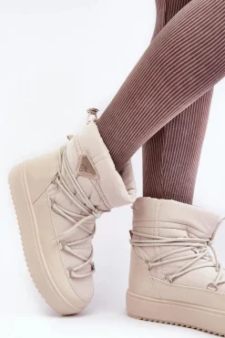 Boto Śniegowce Damskie*Damskie Śniegowce Na Platformie Z Wiązaniem Beżowe Fleure Beżowy