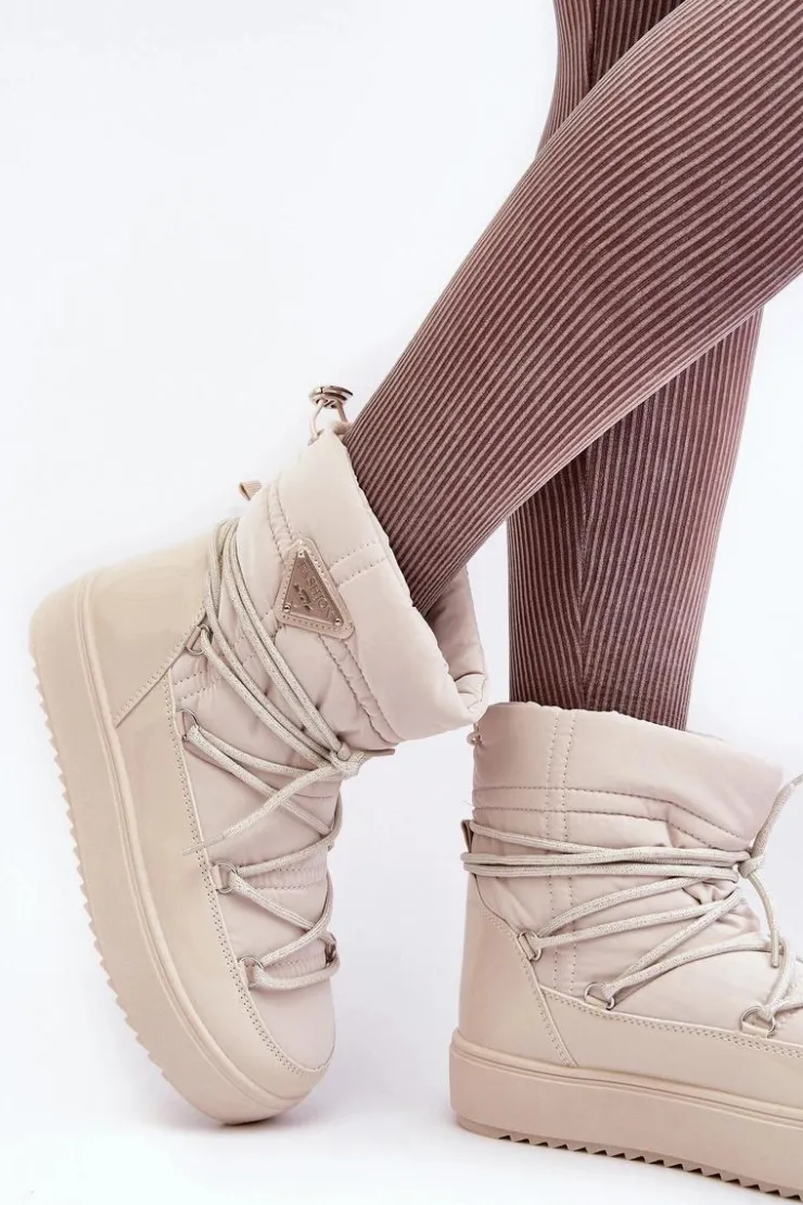 Boto Śniegowce Damskie*Damskie Śniegowce Na Platformie Z Wiązaniem Beżowe Fleure Beżowy