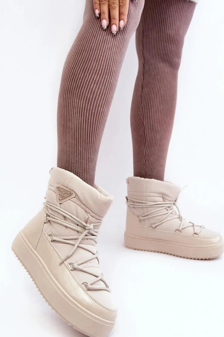 Boto Śniegowce Damskie*Damskie Śniegowce Na Platformie Z Wiązaniem Beżowe Fleure Beżowy