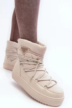 Boto Śniegowce Damskie*Damskie Śniegowce Na Platformie Z Wiązaniem Beżowe Fleure Beżowy