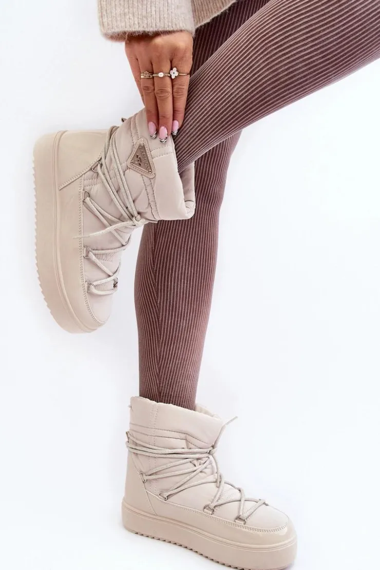 Boto Śniegowce Damskie*Damskie Śniegowce Na Platformie Z Wiązaniem Beżowe Fleure Beżowy