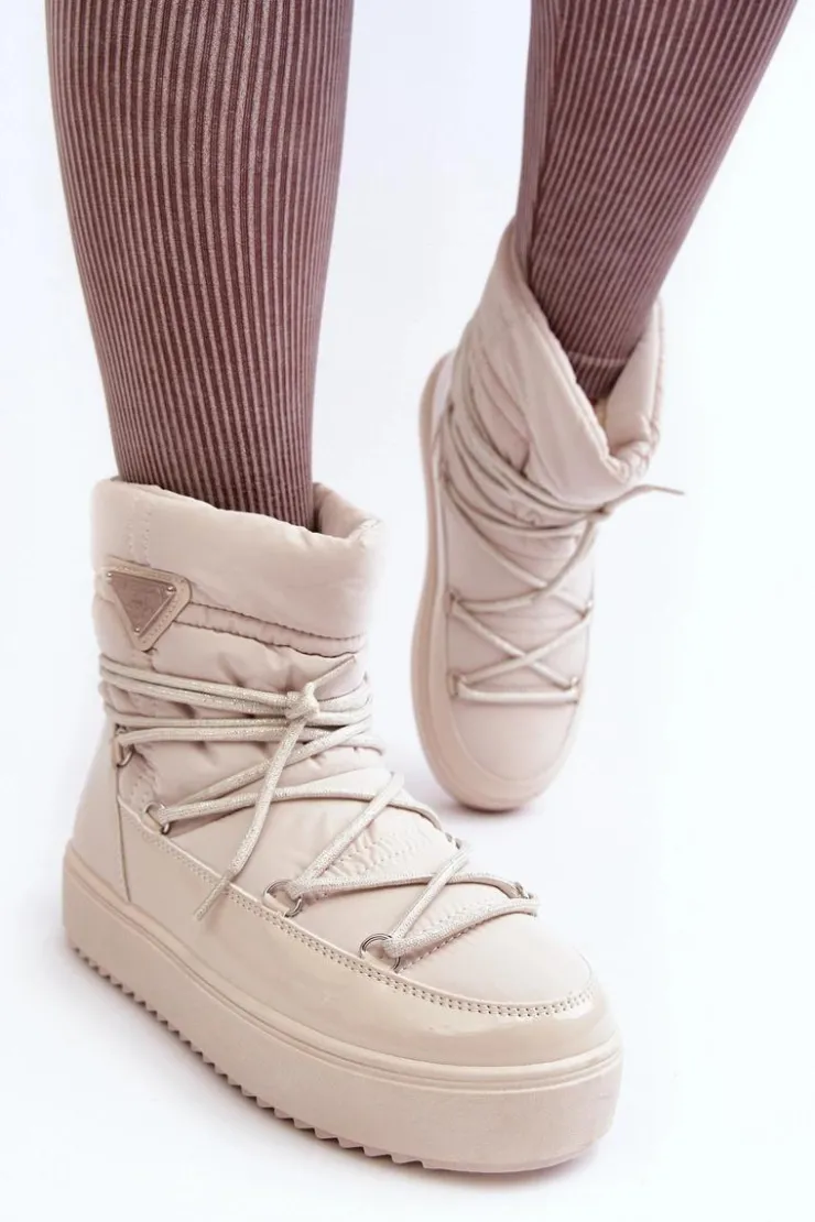 Boto Śniegowce Damskie*Damskie Śniegowce Na Platformie Z Wiązaniem Beżowe Fleure Beżowy