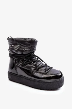 Boto Śniegowce Damskie*Damskie Śniegowce Na Platformie Z Wiązaniem Czarne Fleure Czarny