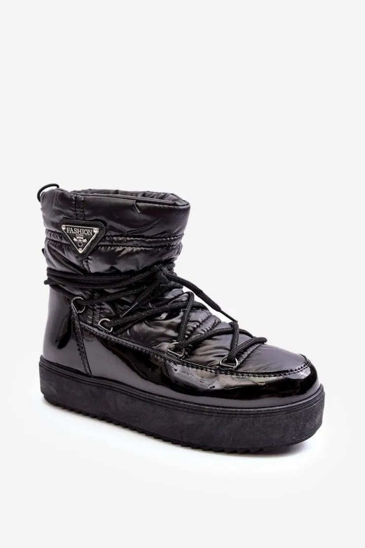 Boto Śniegowce Damskie*Damskie Śniegowce Na Platformie Z Wiązaniem Czarne Fleure Czarny