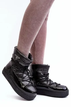 Boto Śniegowce Damskie*Damskie Śniegowce Na Platformie Z Wiązaniem Czarne Fleure Czarny