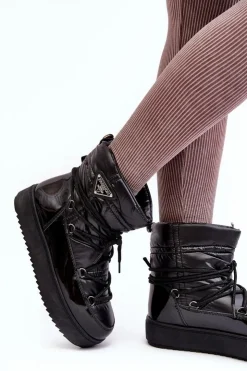 Boto Śniegowce Damskie*Damskie Śniegowce Na Platformie Z Wiązaniem Czarne Fleure Czarny