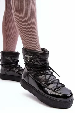 Boto Śniegowce Damskie*Damskie Śniegowce Na Platformie Z Wiązaniem Czarne Fleure Czarny