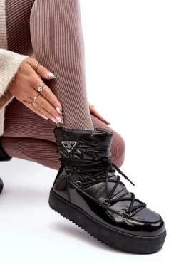 Boto Śniegowce Damskie*Damskie Śniegowce Na Platformie Z Wiązaniem Czarne Fleure Czarny