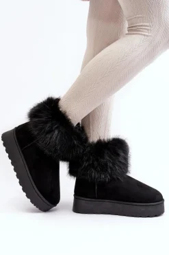 Damskie Boto Damskie Śniegowce Na Platformie Z Futerkiem Czarne Mancy