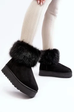 Damskie Boto Damskie Śniegowce Na Platformie Z Futerkiem Czarne Mancy