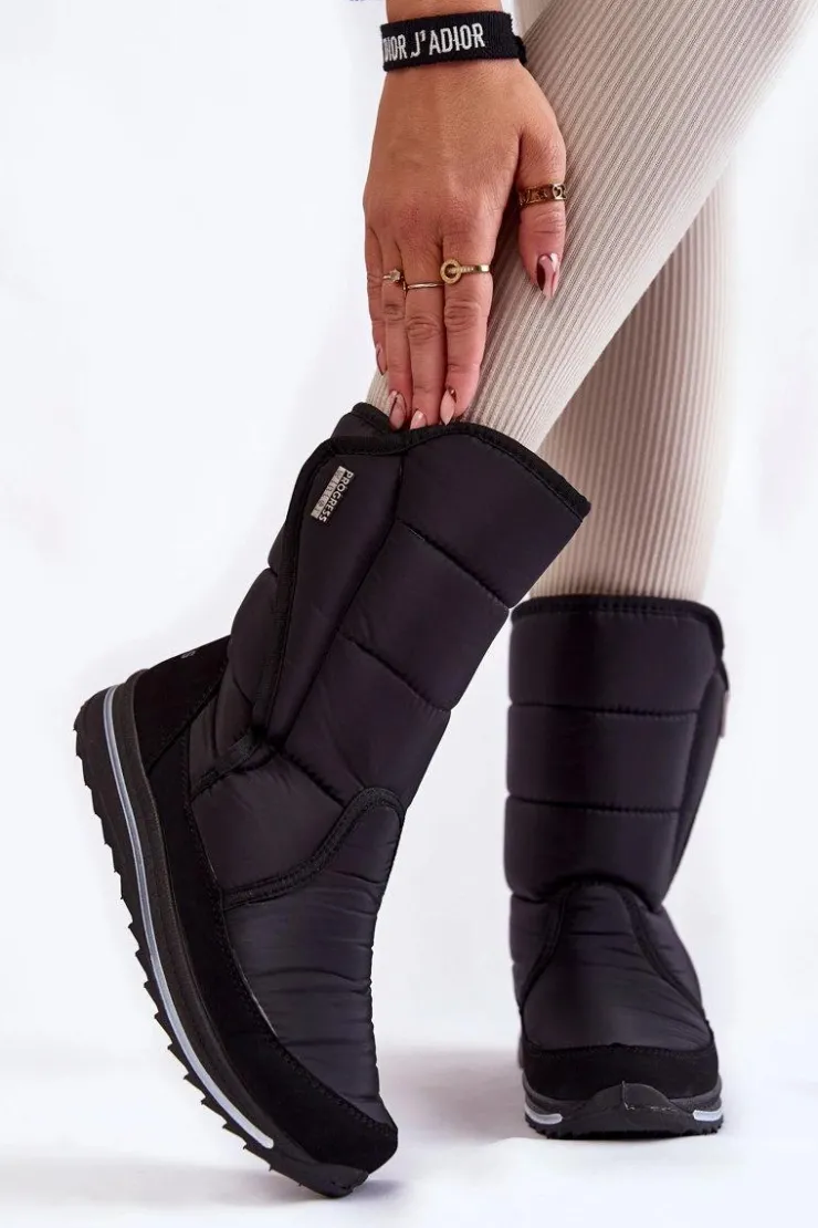 Boto Śniegowce Damskie|Botki Płaskie*Damskie Śniegowce Na Rzep Progress PROGJ-22-128 Czarne