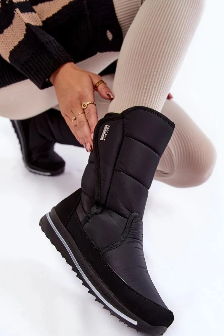 Boto Śniegowce Damskie|Botki Płaskie*Damskie Śniegowce Na Rzep Progress PROGJ-22-128 Czarne