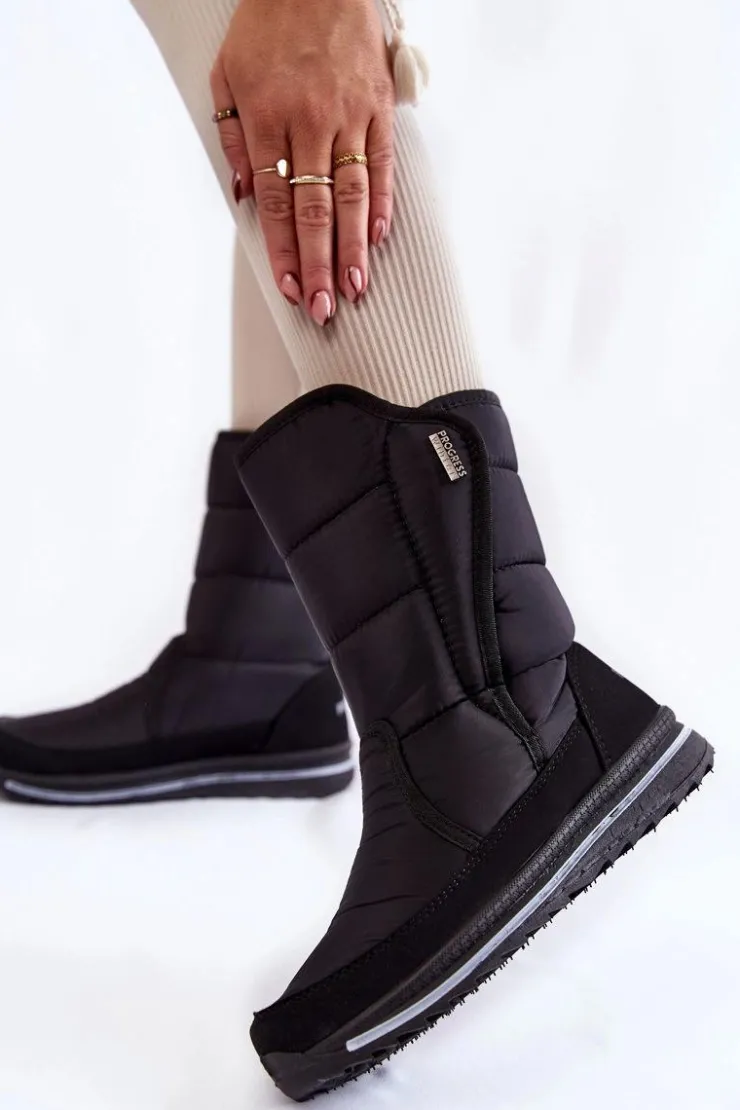 Boto Śniegowce Damskie|Botki Płaskie*Damskie Śniegowce Na Rzep Progress PROGJ-22-128 Czarne