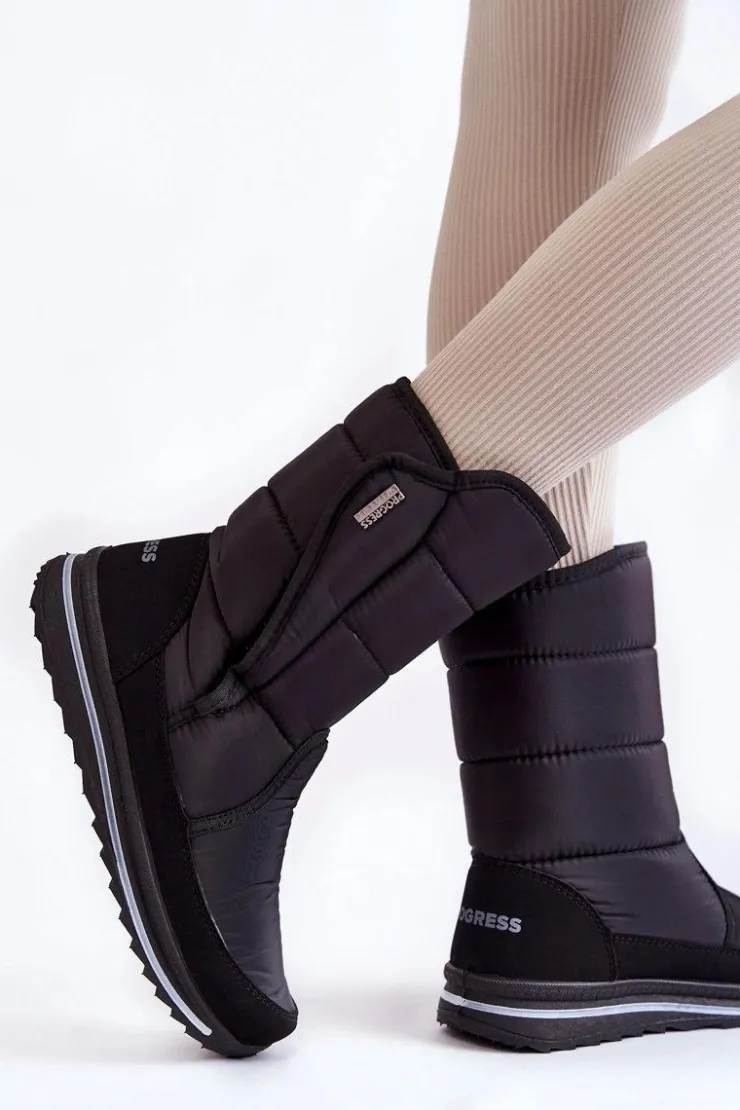 Boto Śniegowce Damskie|Botki Płaskie*Damskie Śniegowce Na Rzep Progress PROGJ-22-128 Czarne