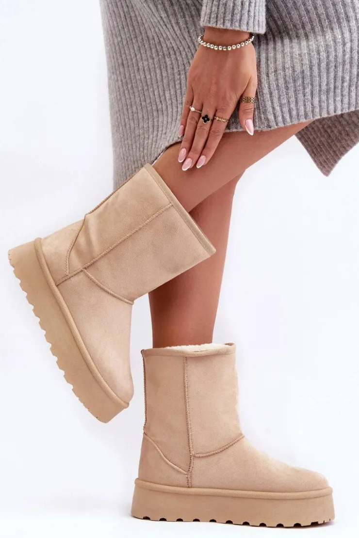 Boto Śniegowce Damskie*Damskie Śniegowce Ocieplone Futerkiem Beżowe Abrams Beżowy