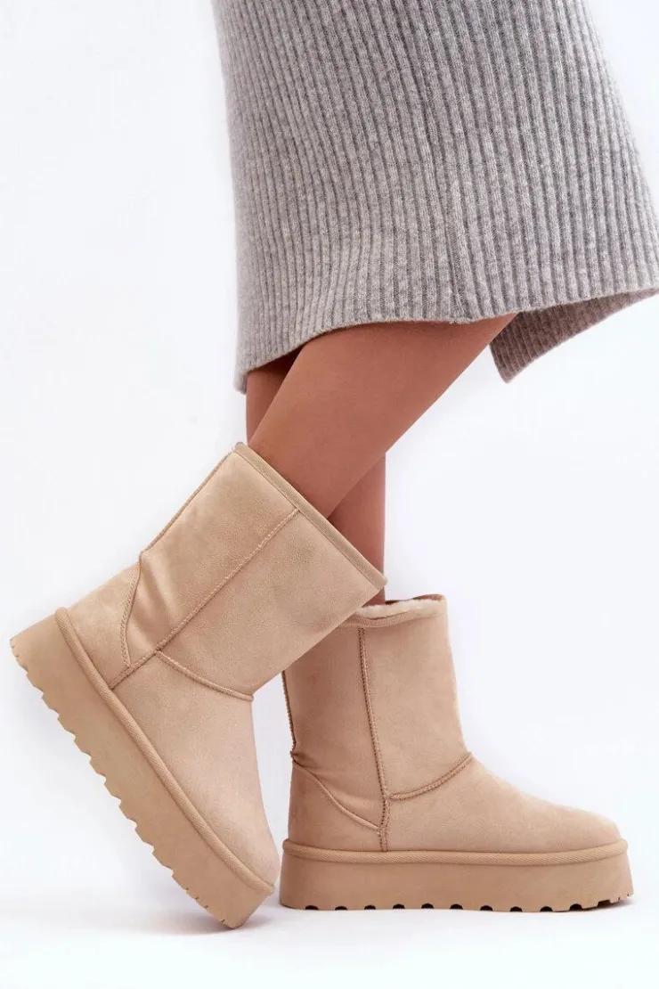 Boto Śniegowce Damskie*Damskie Śniegowce Ocieplone Futerkiem Beżowe Abrams Beżowy