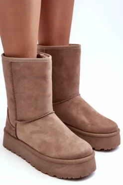 Damskie Boto Damskie Śniegowce Ocieplone Futerkiem Ciemnobeżowe Abrams