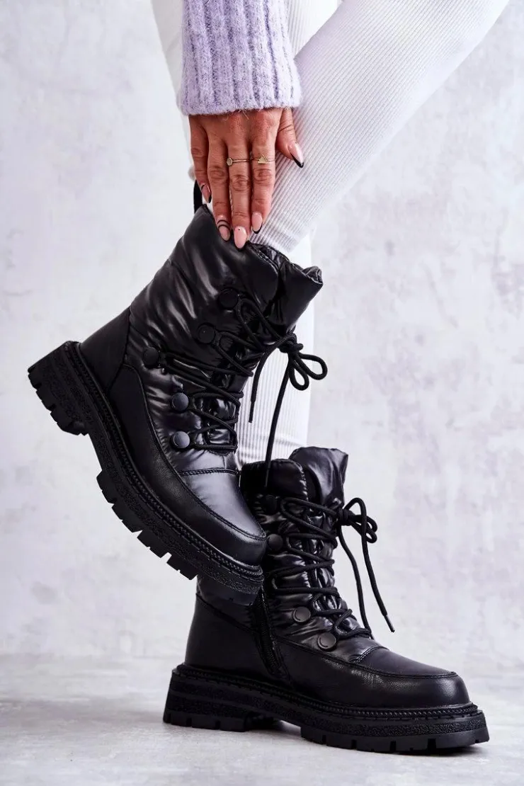 GOE Śniegowce Damskie*Damskie Śniegowce Sznurowane KK2N4017 Czarne