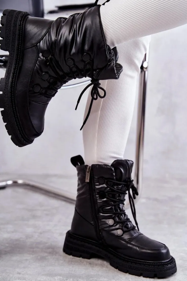 GOE Śniegowce Damskie*Damskie Śniegowce Sznurowane KK2N4017 Czarne