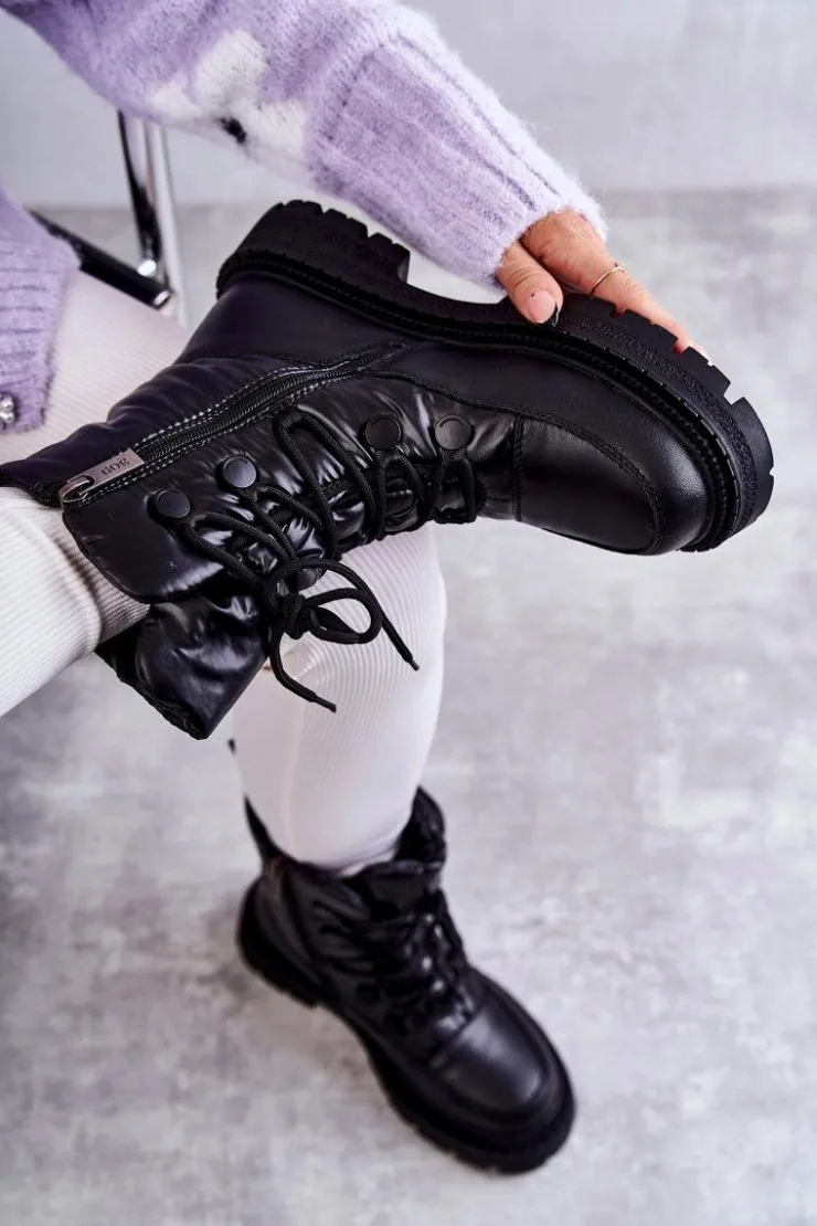 GOE Śniegowce Damskie*Damskie Śniegowce Sznurowane KK2N4017 Czarne