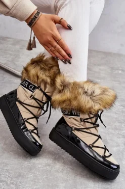 Boto Śniegowce Damskie*Damskie Śniegowce Sznurowane Beżowo-Czarne Santero