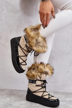 Boto Śniegowce Damskie*Damskie Śniegowce Sznurowane Beżowo-Czarne Santero