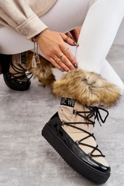 Boto Śniegowce Damskie*Damskie Śniegowce Sznurowane Beżowo-Czarne Santero