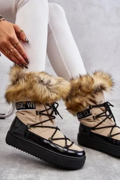 Boto Śniegowce Damskie*Damskie Śniegowce Sznurowane Beżowo-Czarne Santero