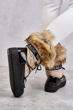 Boto Śniegowce Damskie*Damskie Śniegowce Sznurowane Beżowo-Czarne Santero