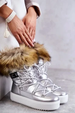 Outlet Boto Damskie Śniegowce Sznurowane Srebrne Santero