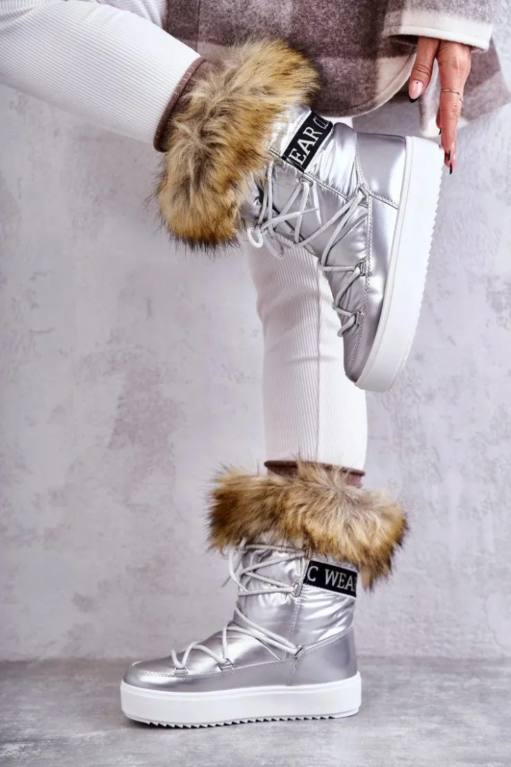 Outlet Boto Damskie Śniegowce Sznurowane Srebrne Santero