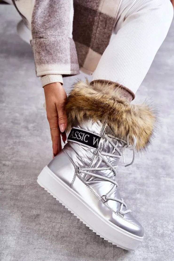 Outlet Boto Damskie Śniegowce Sznurowane Srebrne Santero