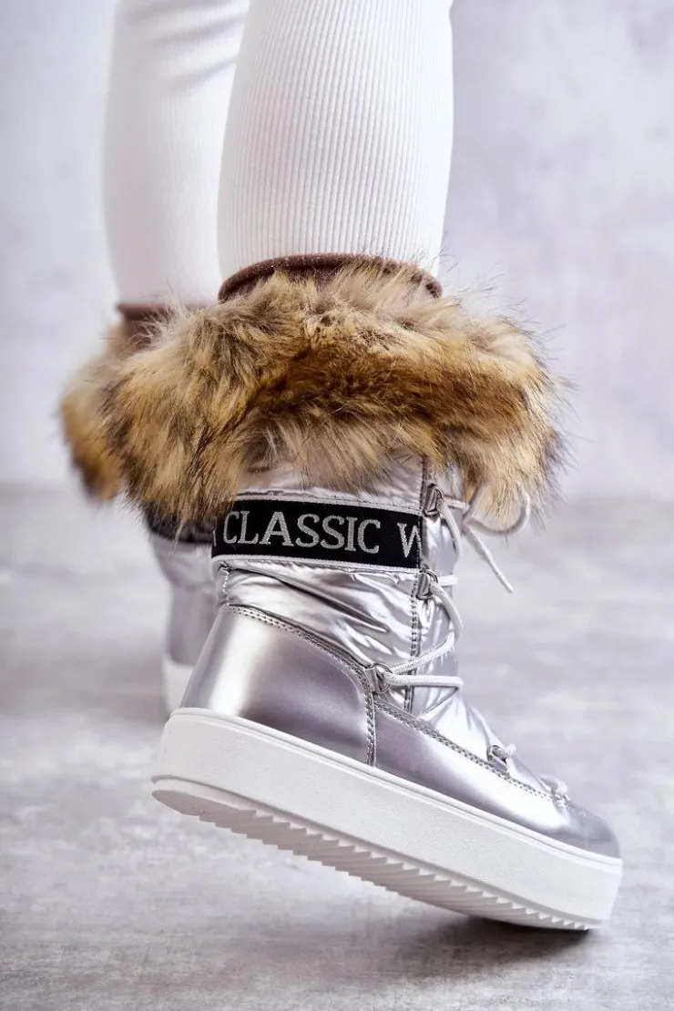 Outlet Boto Damskie Śniegowce Sznurowane Srebrne Santero