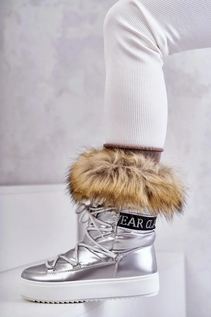 Outlet Boto Damskie Śniegowce Sznurowane Srebrne Santero