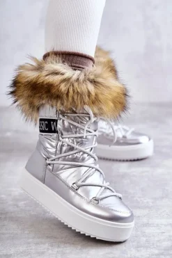 Outlet Boto Damskie Śniegowce Sznurowane Srebrne Santero