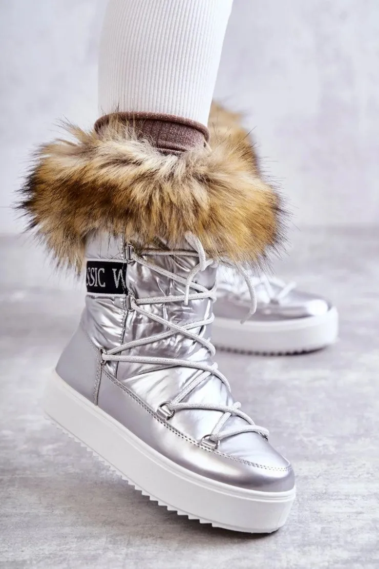 Outlet Boto Damskie Śniegowce Sznurowane Srebrne Santero