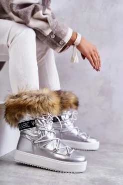 Outlet Boto Damskie Śniegowce Sznurowane Srebrne Santero