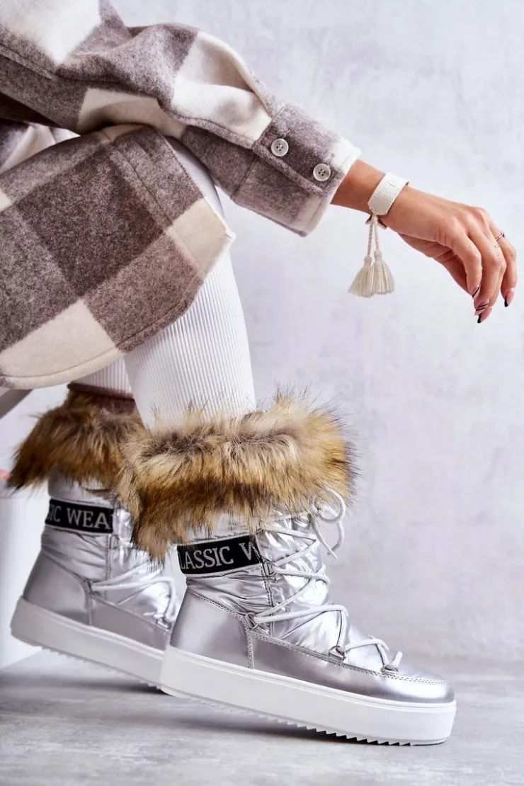 Outlet Boto Damskie Śniegowce Sznurowane Srebrne Santero