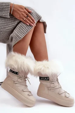 Clearance Boto Damskie Śniegowce Sznurowane Jasnobeżowe Santero