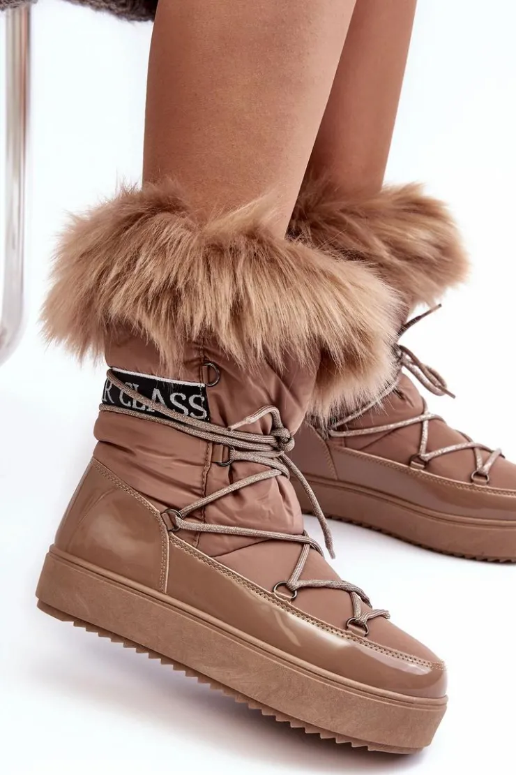 Outlet Boto Damskie Śniegowce Sznurowane Ciemnobeżowe Santero Beżowy