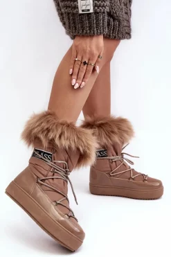 Outlet Boto Damskie Śniegowce Sznurowane Ciemnobeżowe Santero Beżowy