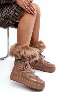 Outlet Boto Damskie Śniegowce Sznurowane Ciemnobeżowe Santero Beżowy