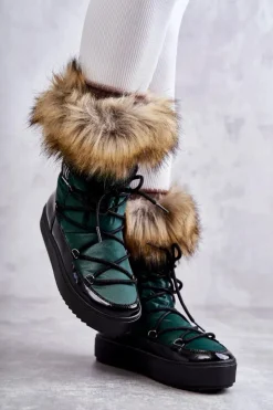 Boto Śniegowce Damskie*Damskie Śniegowce Sznurowane Zielone Santero