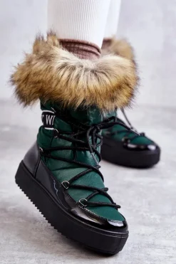 Boto Śniegowce Damskie*Damskie Śniegowce Sznurowane Zielone Santero