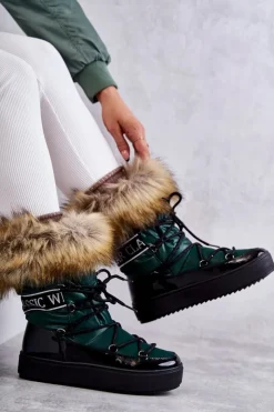 Boto Śniegowce Damskie*Damskie Śniegowce Sznurowane Zielone Santero