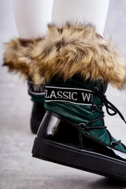 Boto Śniegowce Damskie*Damskie Śniegowce Sznurowane Zielone Santero