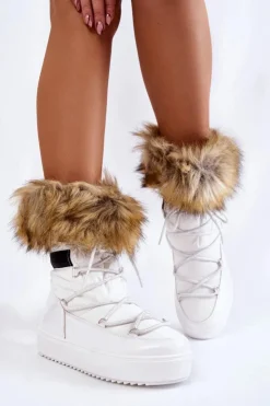 Boto Śniegowce Damskie*Damskie Śniegowce Z Futerkiem Sznurowane Białe Shannon
